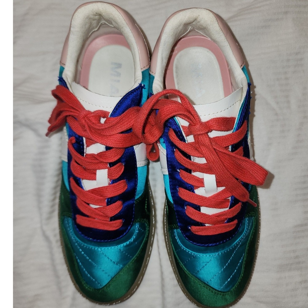 MIA Vesta Satin Colorblock Sneakers Quilted Blue Green Pink Size 7M EUC - Picture 9 of 9